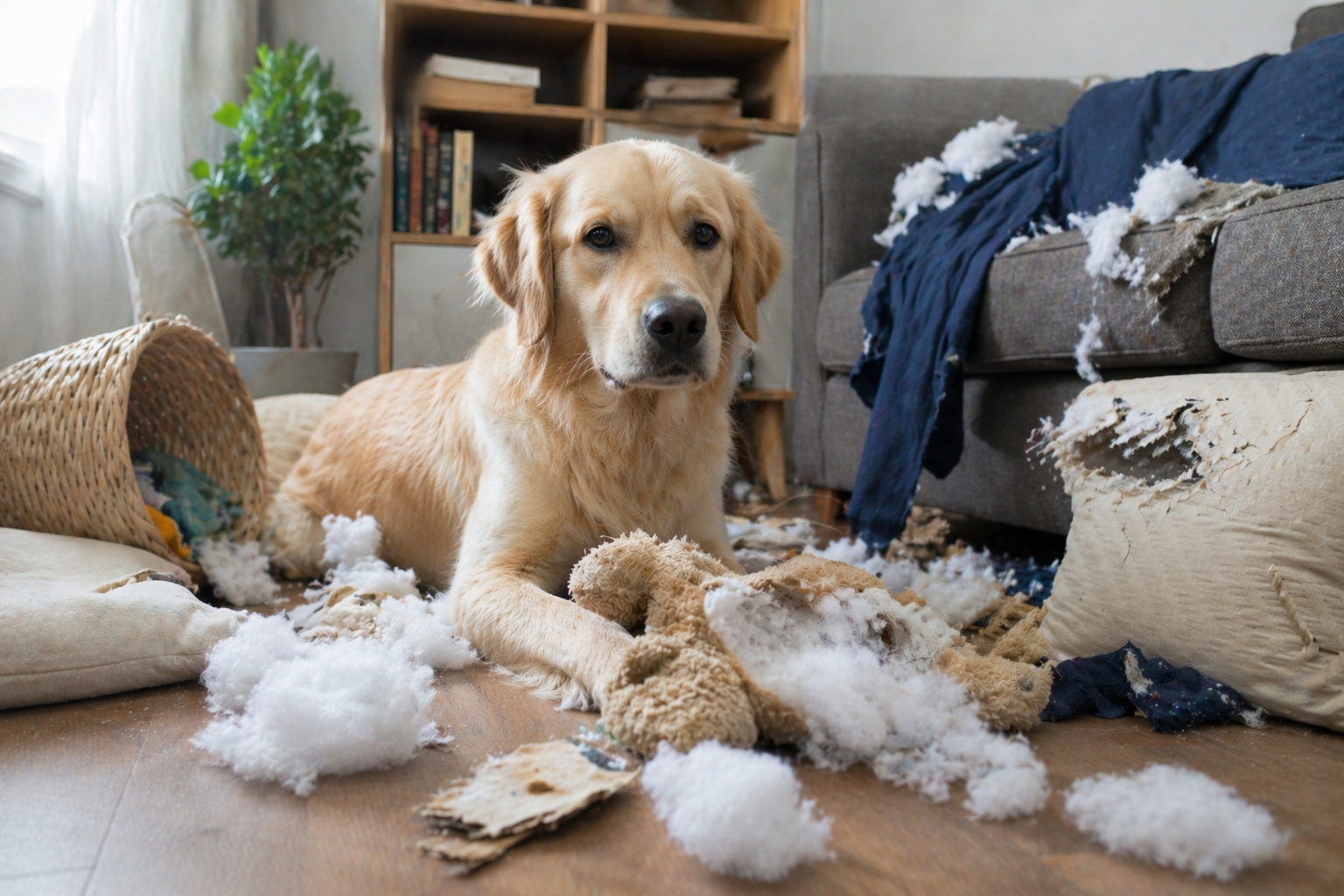 Cachorro Golden Retriver com objetos e móveis destruidos.