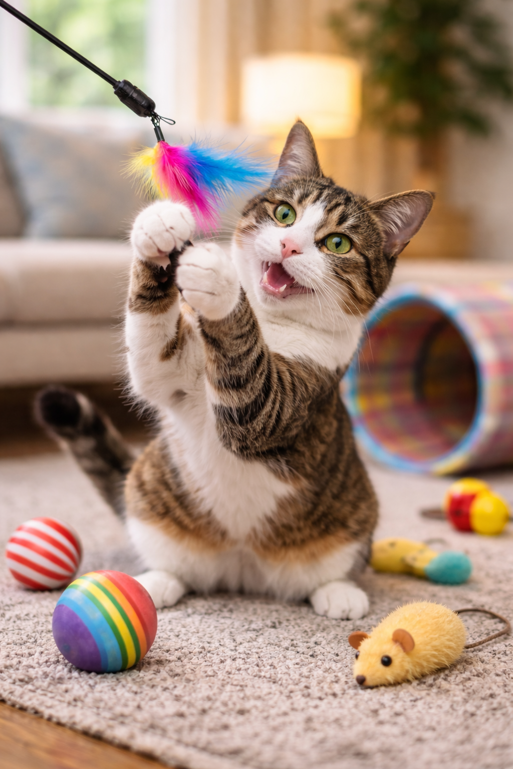 Gato feliz brincando com varinha e brinquedos