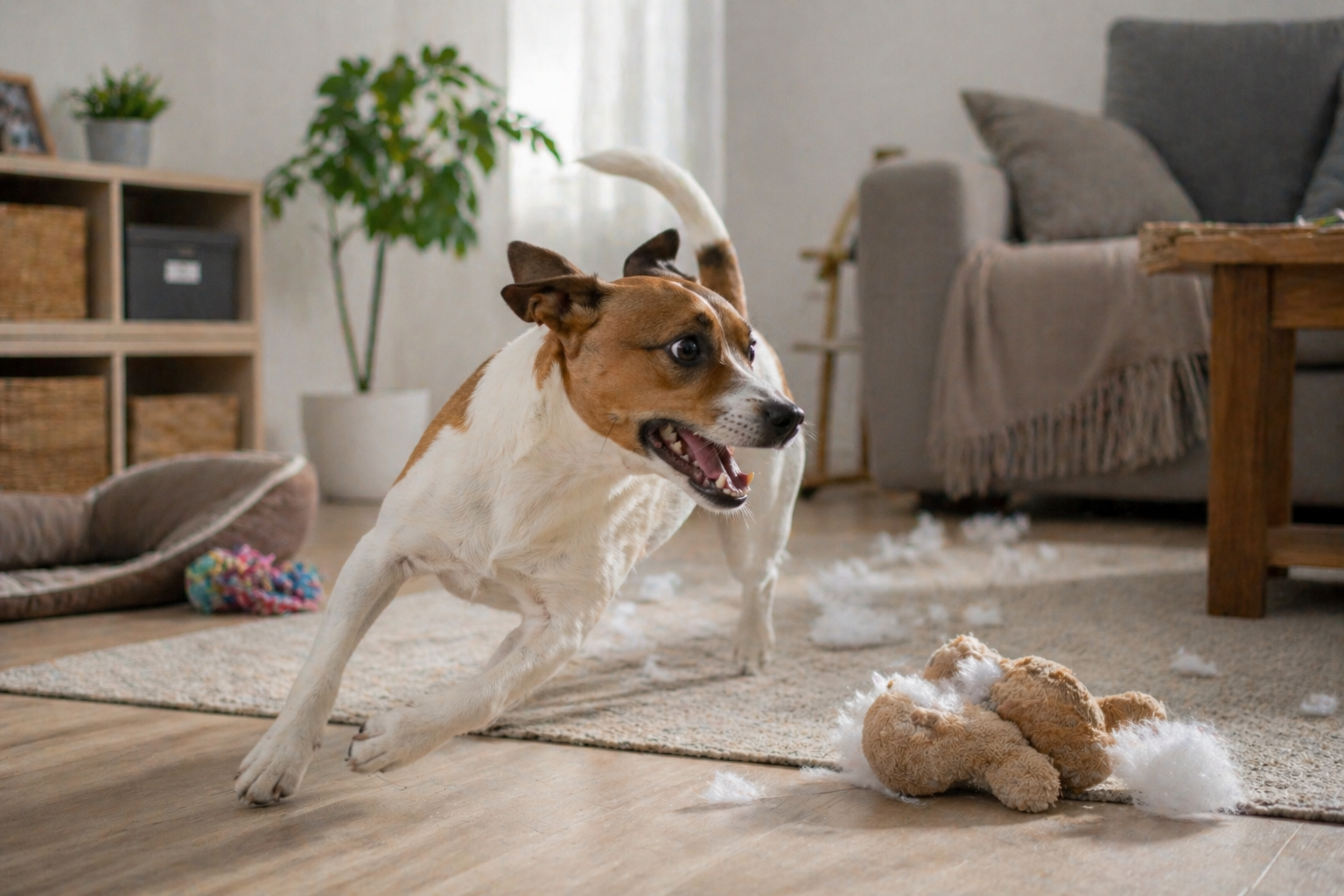Cachorro agitado, com algumas coisas destruidas no chão.