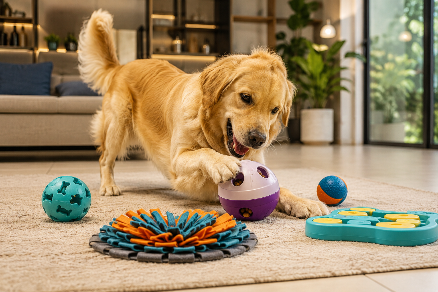 Cachorro Golden Retriever brincando com brinquedos dentro de caas em uma sala de estar.
