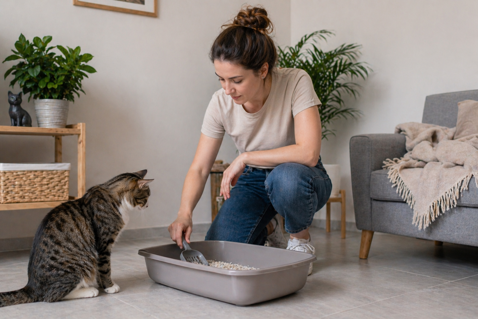 Tutora com um gatinho indo para a caixinha de areia.