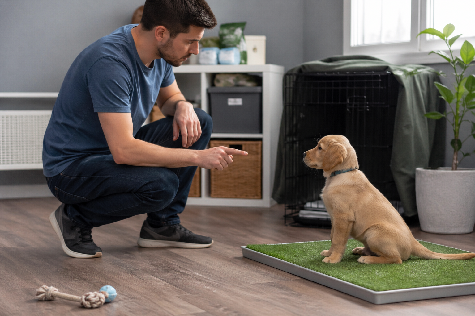 Tutor ensinando um cachorro a fazer xixi no local certo