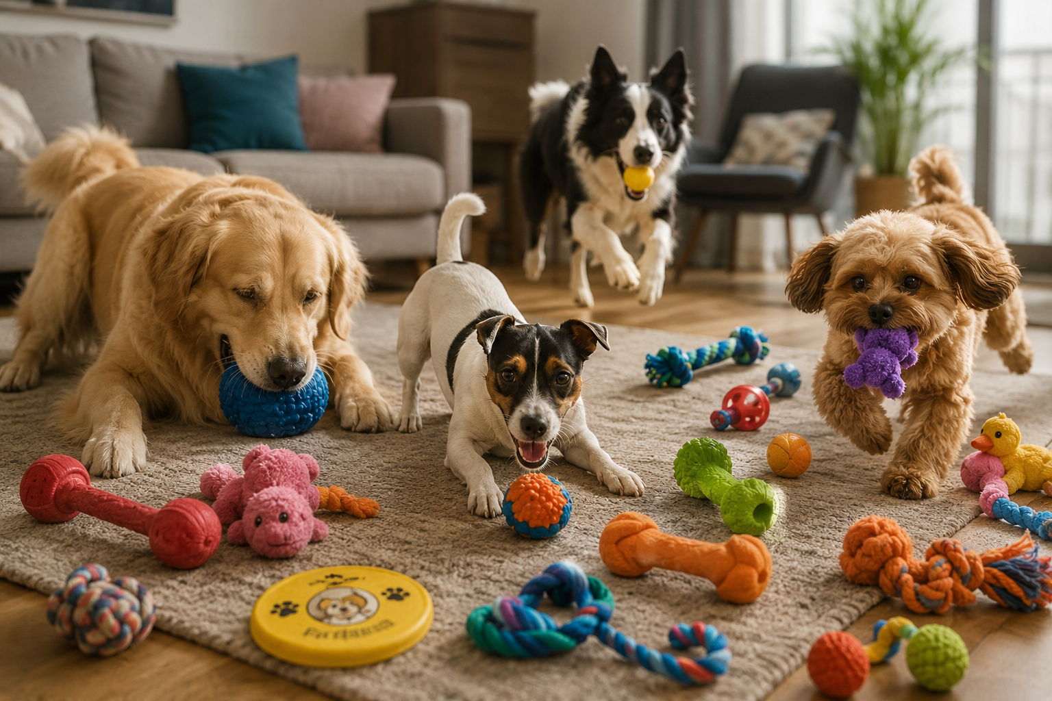 4 cachorros brincando em uma sala com vários briqneudos espalhados.