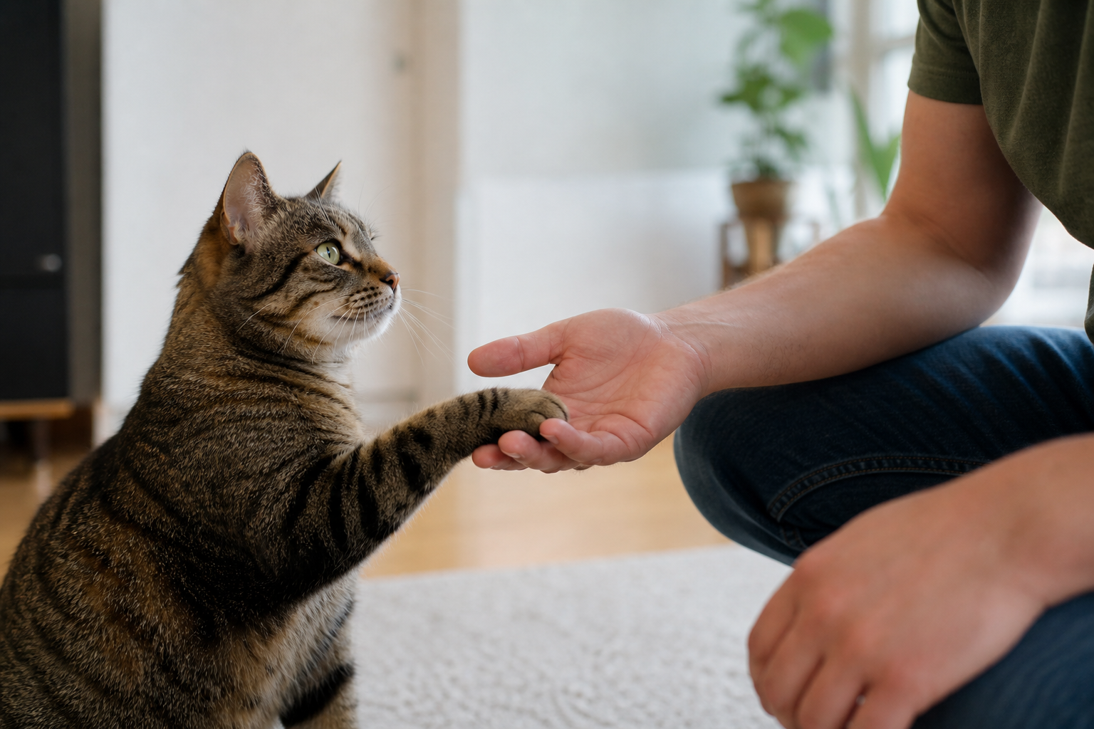 Gato dando a patinha ao seu tutor.