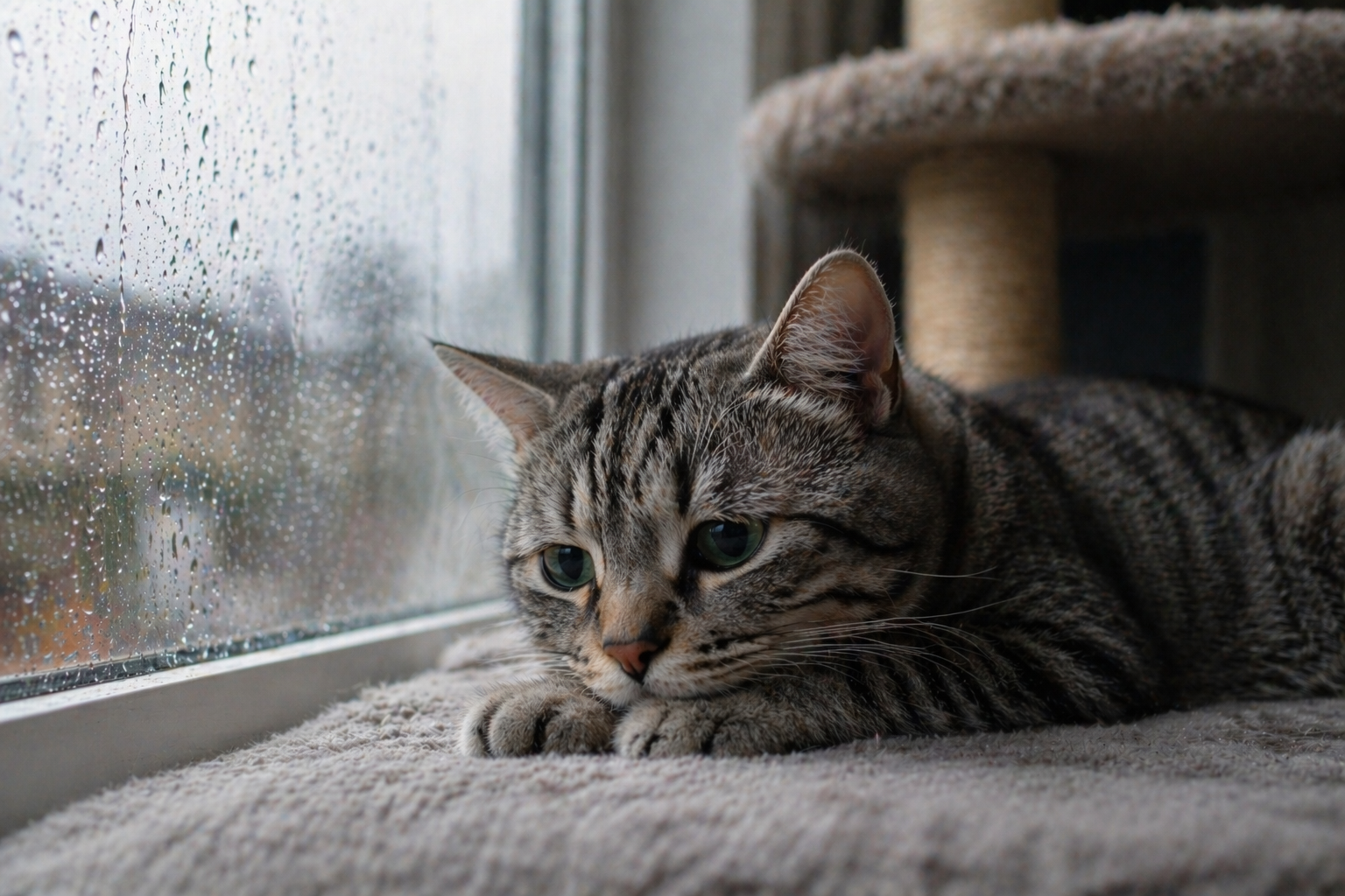 Gato deitado triste sem querer brincar.