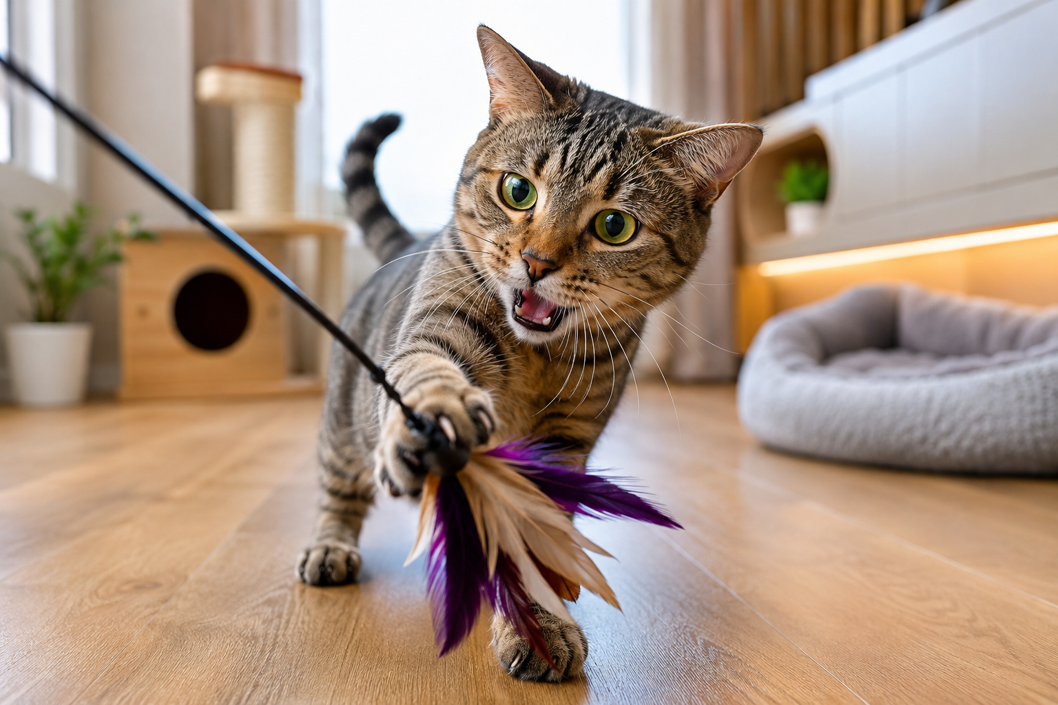 Gato Brincando com uma varinha com penas na ponta em uma sala de estar.