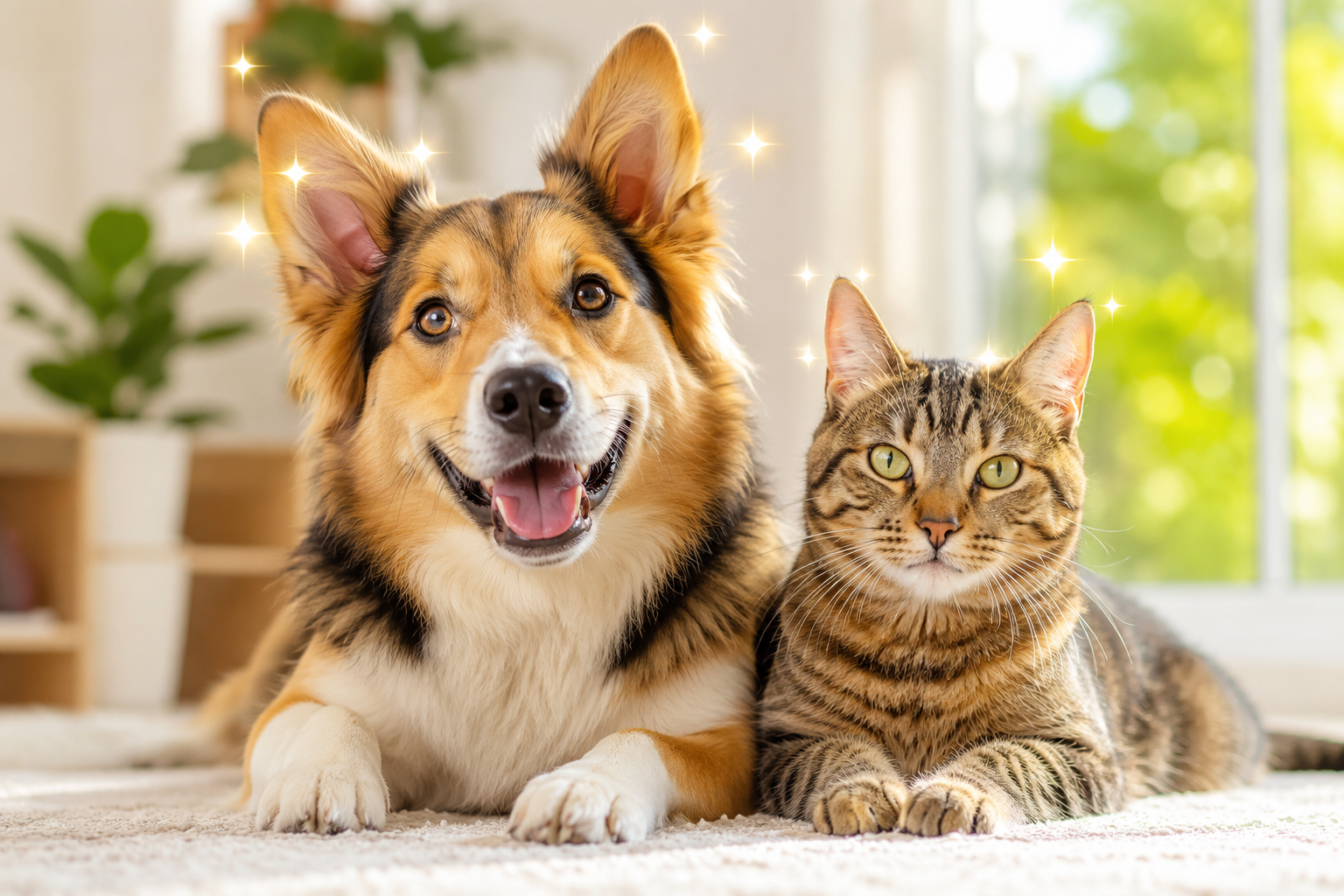 Cachorro e gatos com estrelinhas nas orelhas demostrando limpeza.