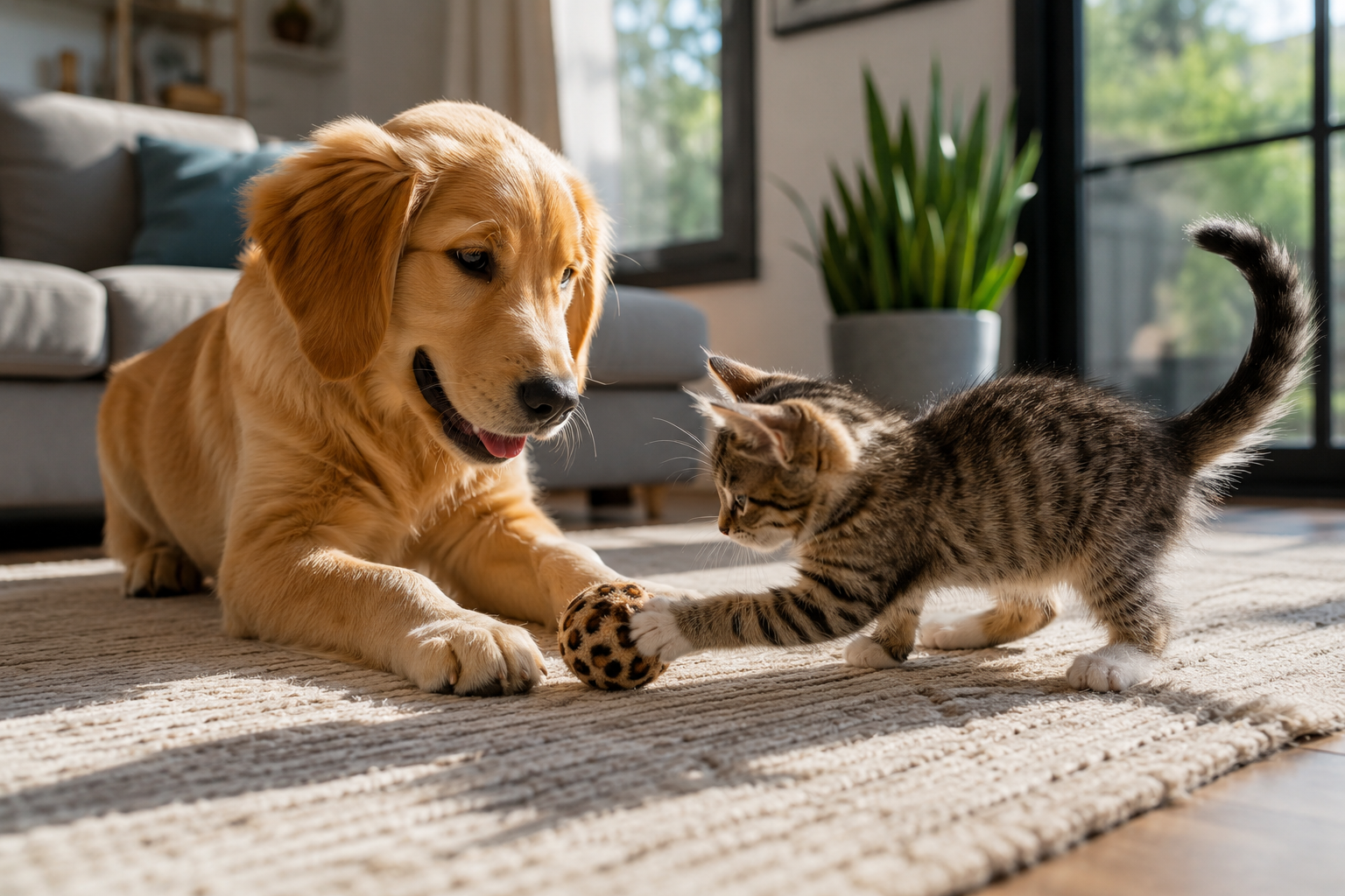 Cachorro e gato brincando junto de bolinha juntos.