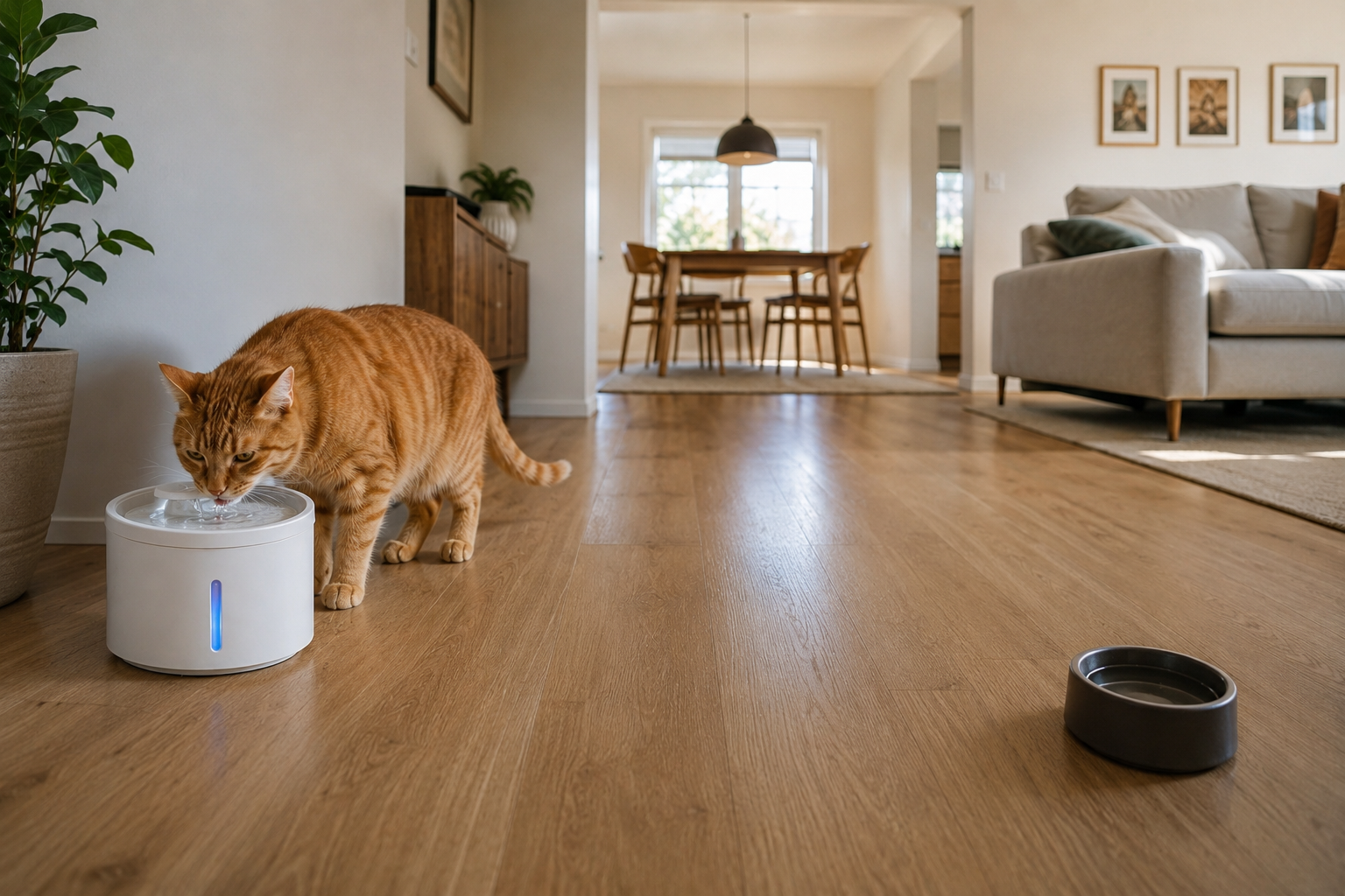 Sala de estar com um gato tomando água em uma fonte para gatos, e também com outro pote de água no chão.