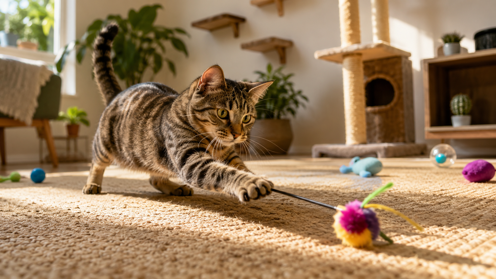 Gato brincando com bolinhas e varinha de brinquedo.